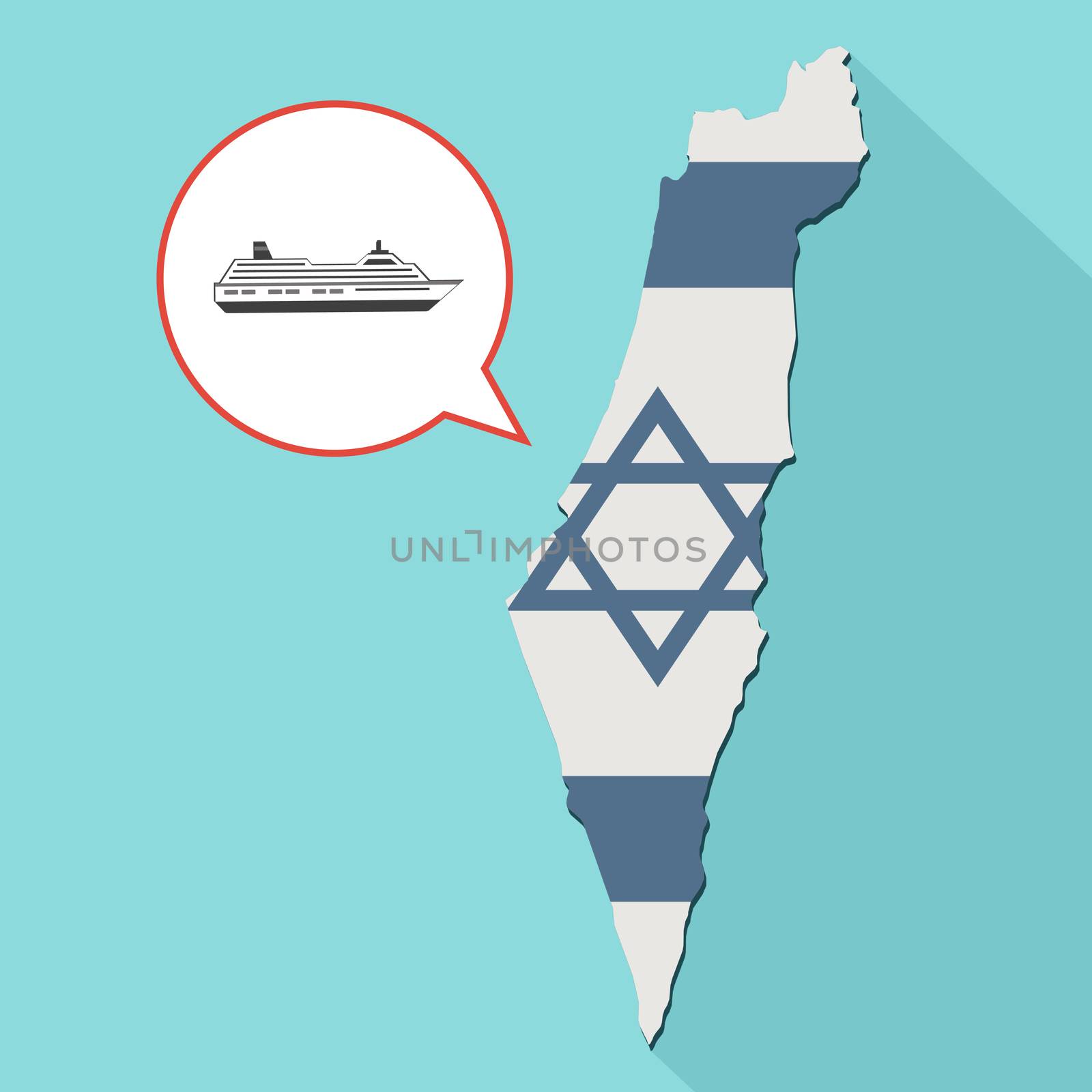Animation of a long shadow Israel map with its flag and a comic balloon with a cruise ship

