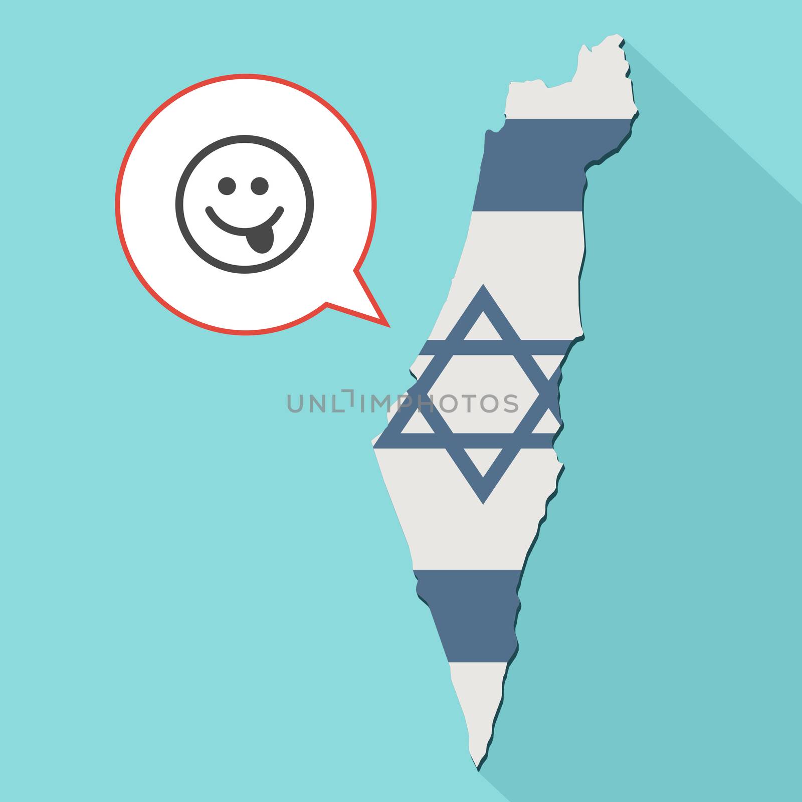 Animation of a long shadow Israel map with its flag and a comic balloon with sticking out tongue emoji face

