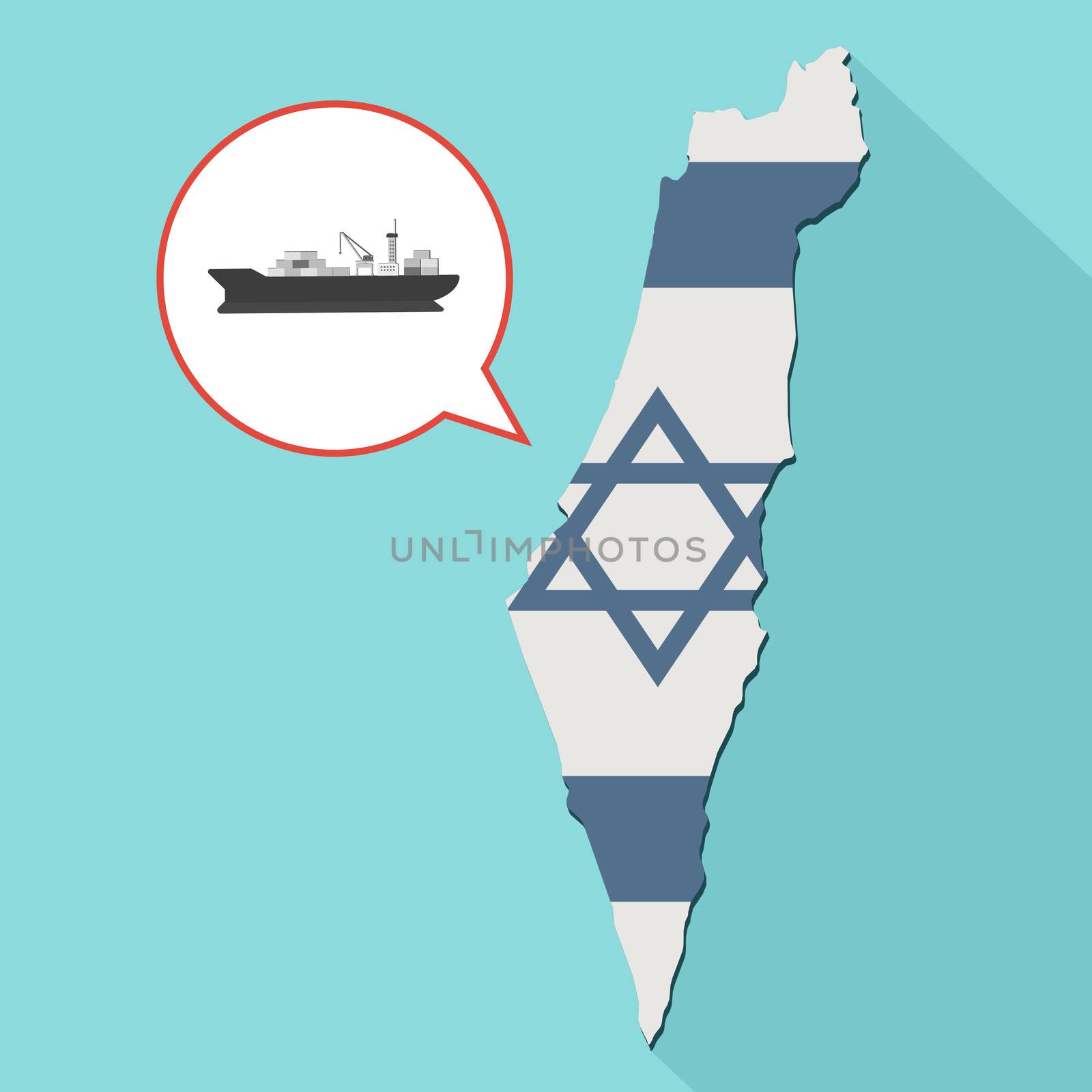 Animation of a long shadow Israel map with its flag and a comic balloon with a cargo ship

