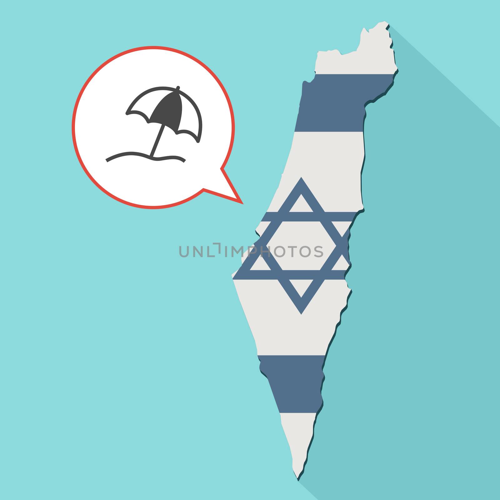 Animation of a long shadow Israel map with its flag and a comic balloon with a beach umbrella

