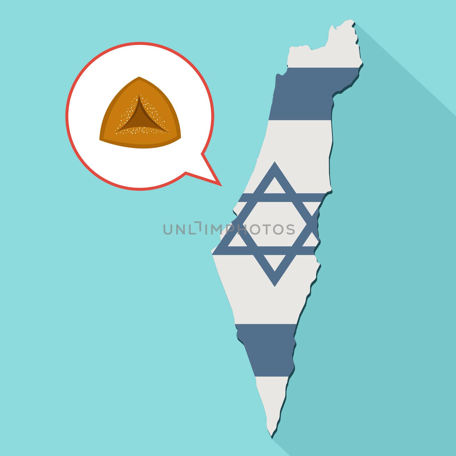 Animation of a long shadow Israel map with its flag and a comic balloon with a hamantash
