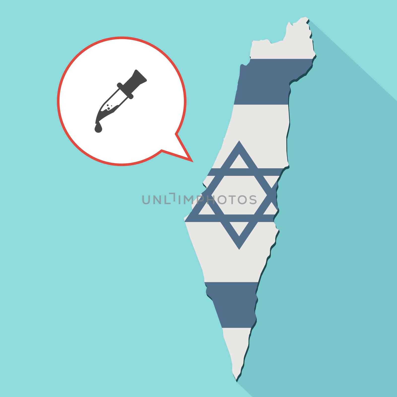 Animation of a long shadow Israel map with its flag and a comic balloon with a bloody knife