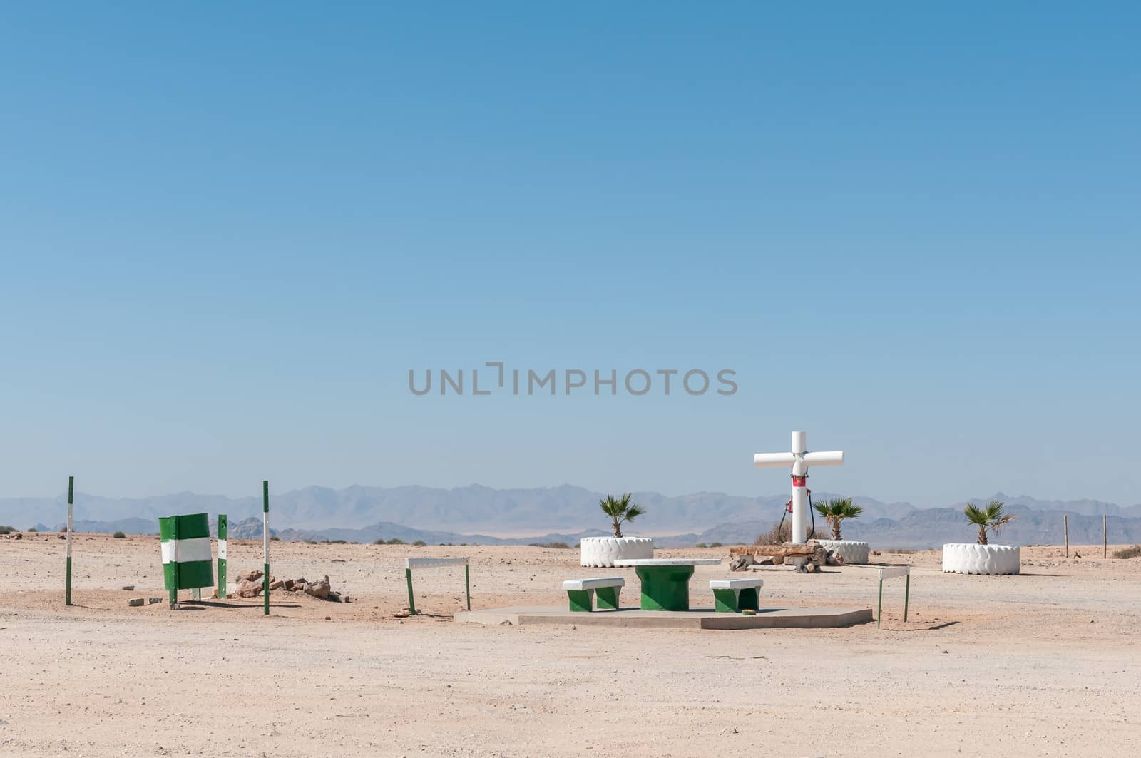 A picnic spot with memorial cross next to the B2-road between Arandis and Usakos in the Namib Desert of Namibia