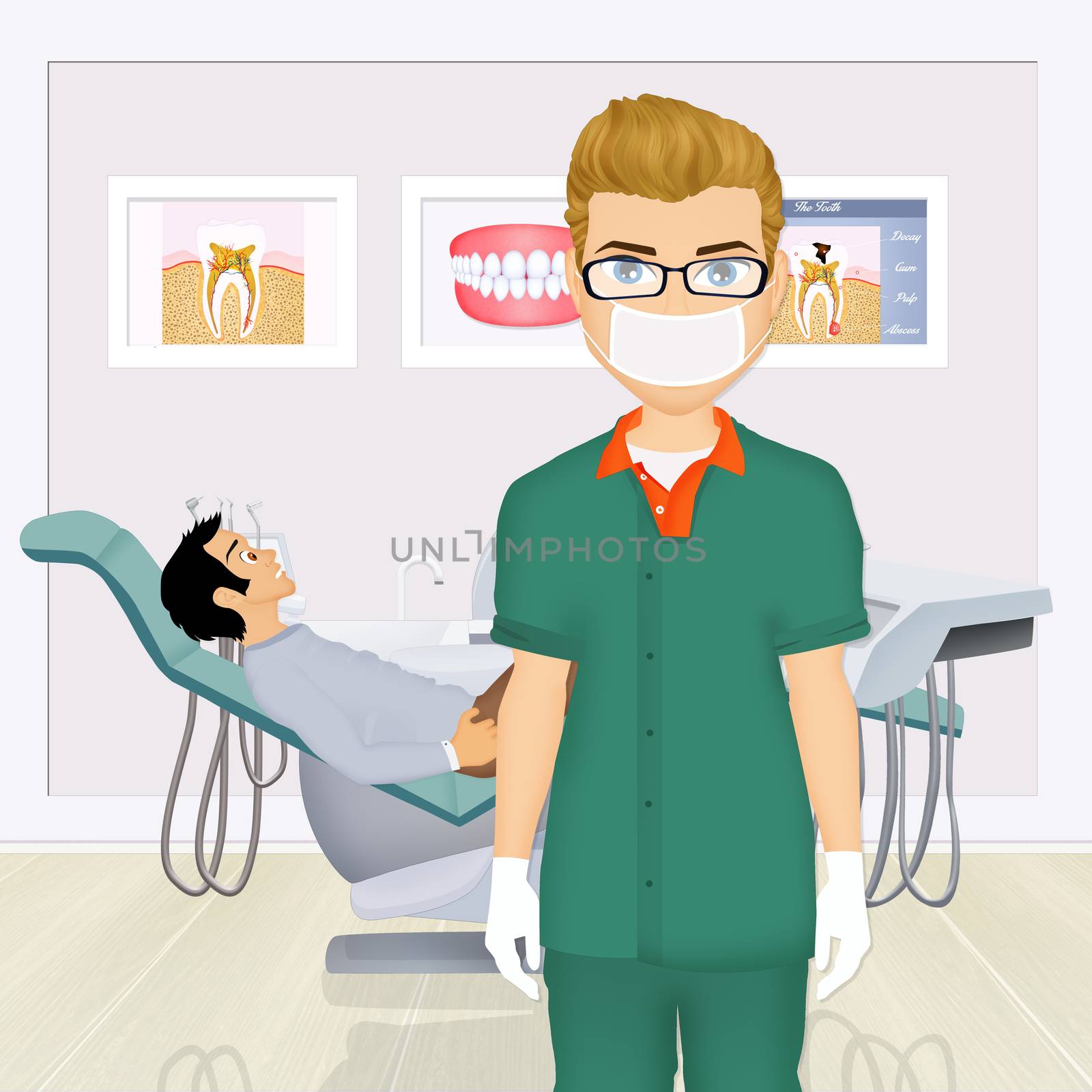 illustration of dentist doctors office and patient with toothache