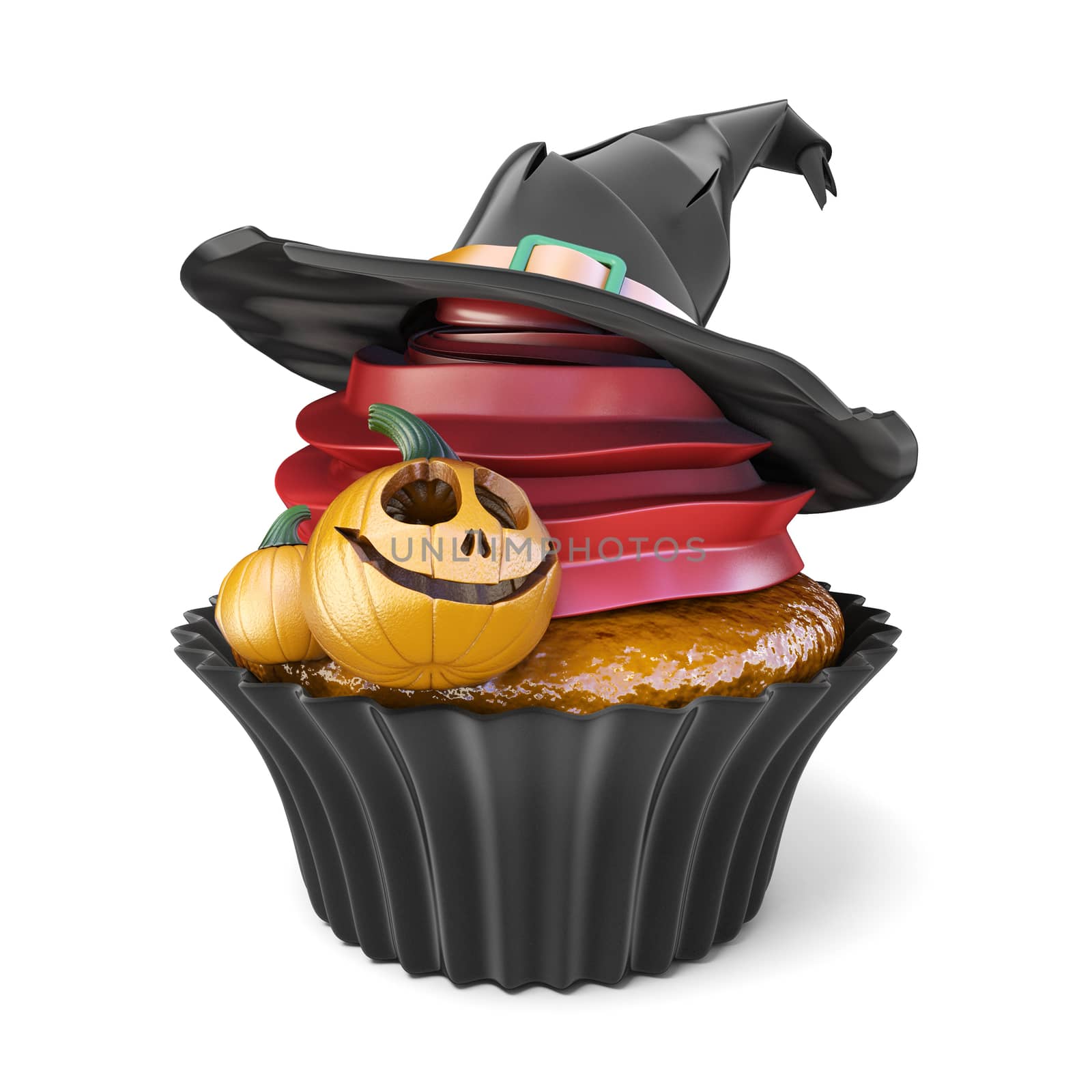 Halloween muffin with Jack O'Lantern and wicth hat 3D render illustration isolated on white background