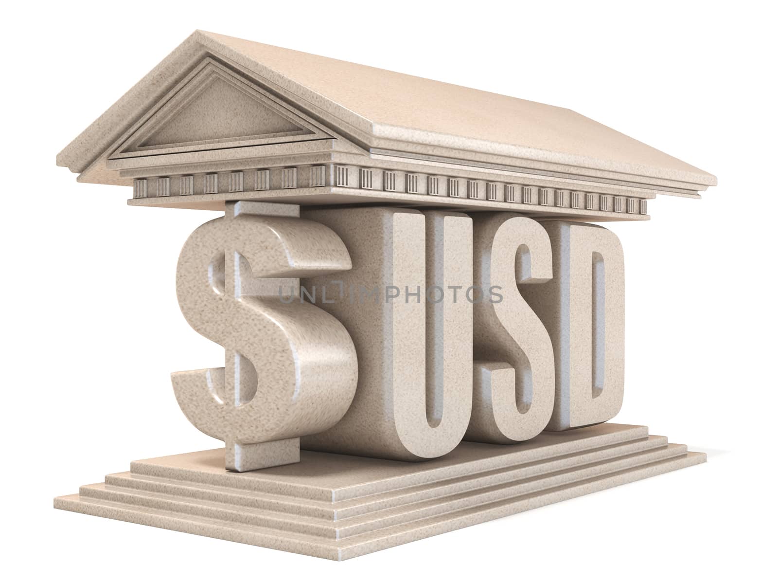 Dollar USD currency sign temple 3D render illustration isolated on white background