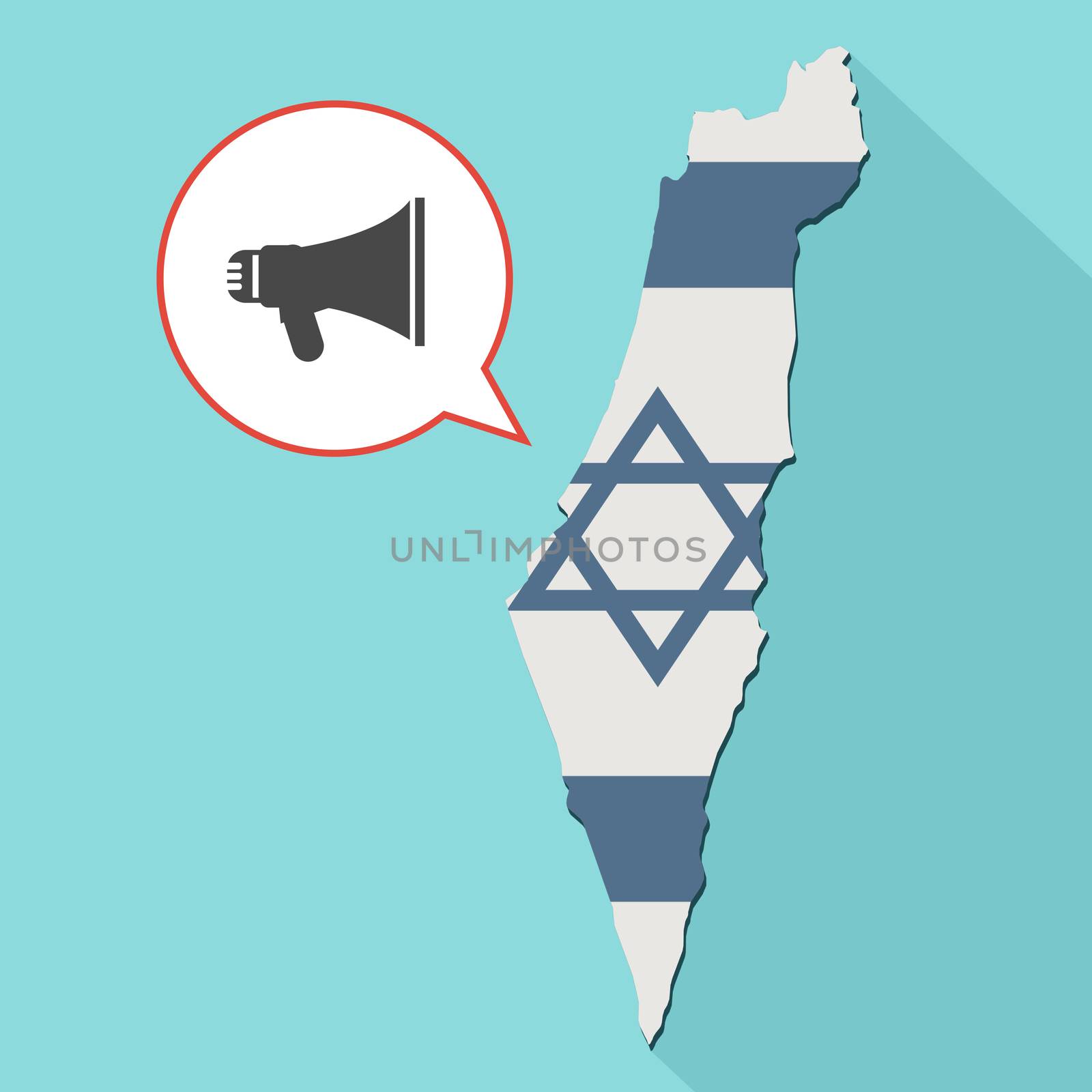 Animation of a long shadow Israel map with its flag and a comic balloon with a megaphone icon
