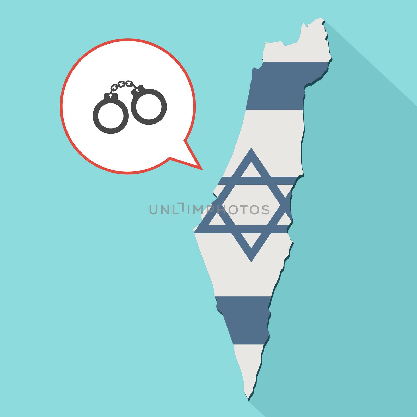 Animation of a long shadow Israel map with its flag and a comic balloon with a handcuffs icon

