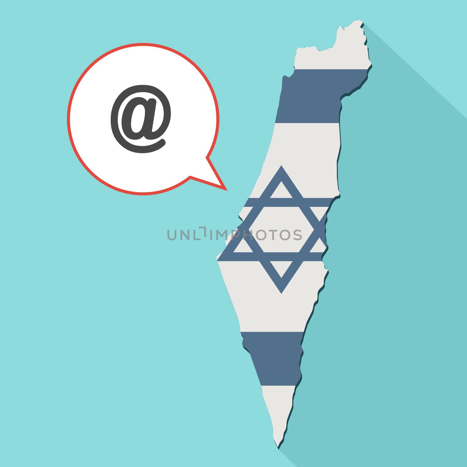 Animation of a long shadow Israel map with its flag and a comic balloon with an at sign
