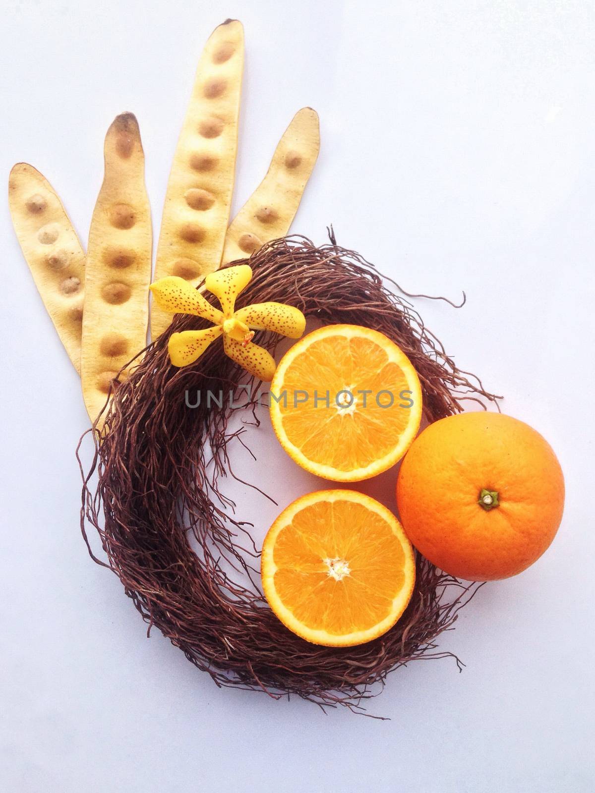 Fresh orange and slices on white background. by Bowonpat