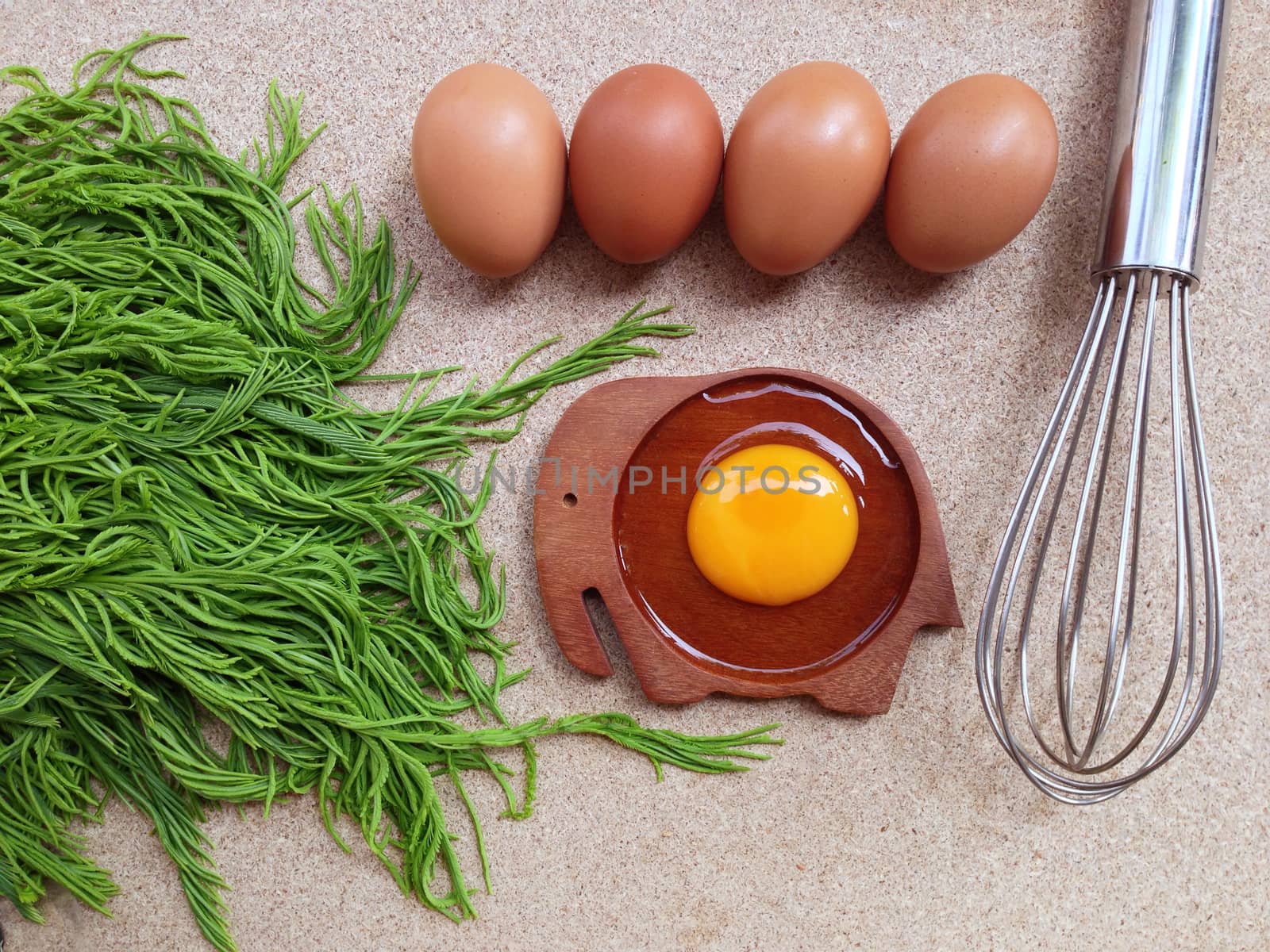 Egg yolk on wooden elephant shaped saucer with eggs, climbing wattle and egg whisk on plywood background