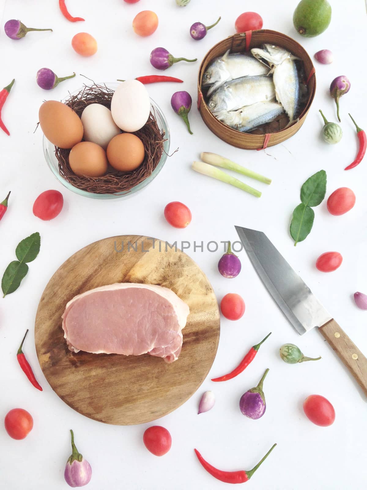 pork on cutting board egg and short mackerel among Vegetable by Bowonpat