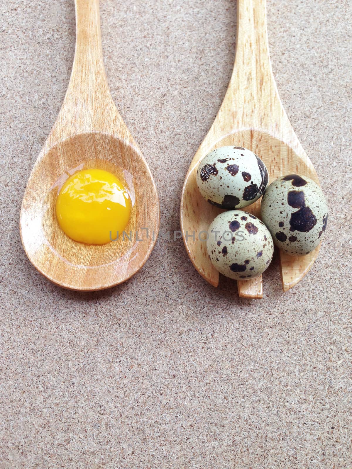 Quail eggs on wooden fork and egg yolk on wooden spoon on plywood background