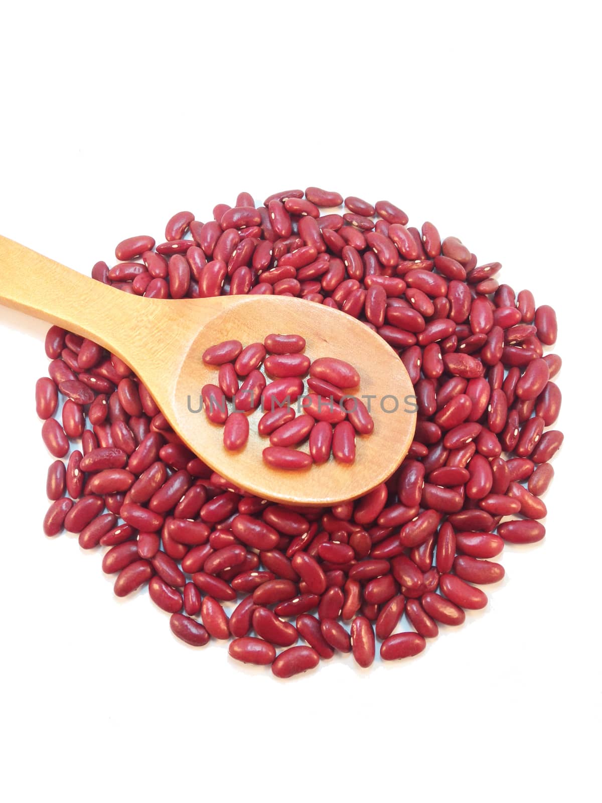Red Bean on wooden spoon on white background