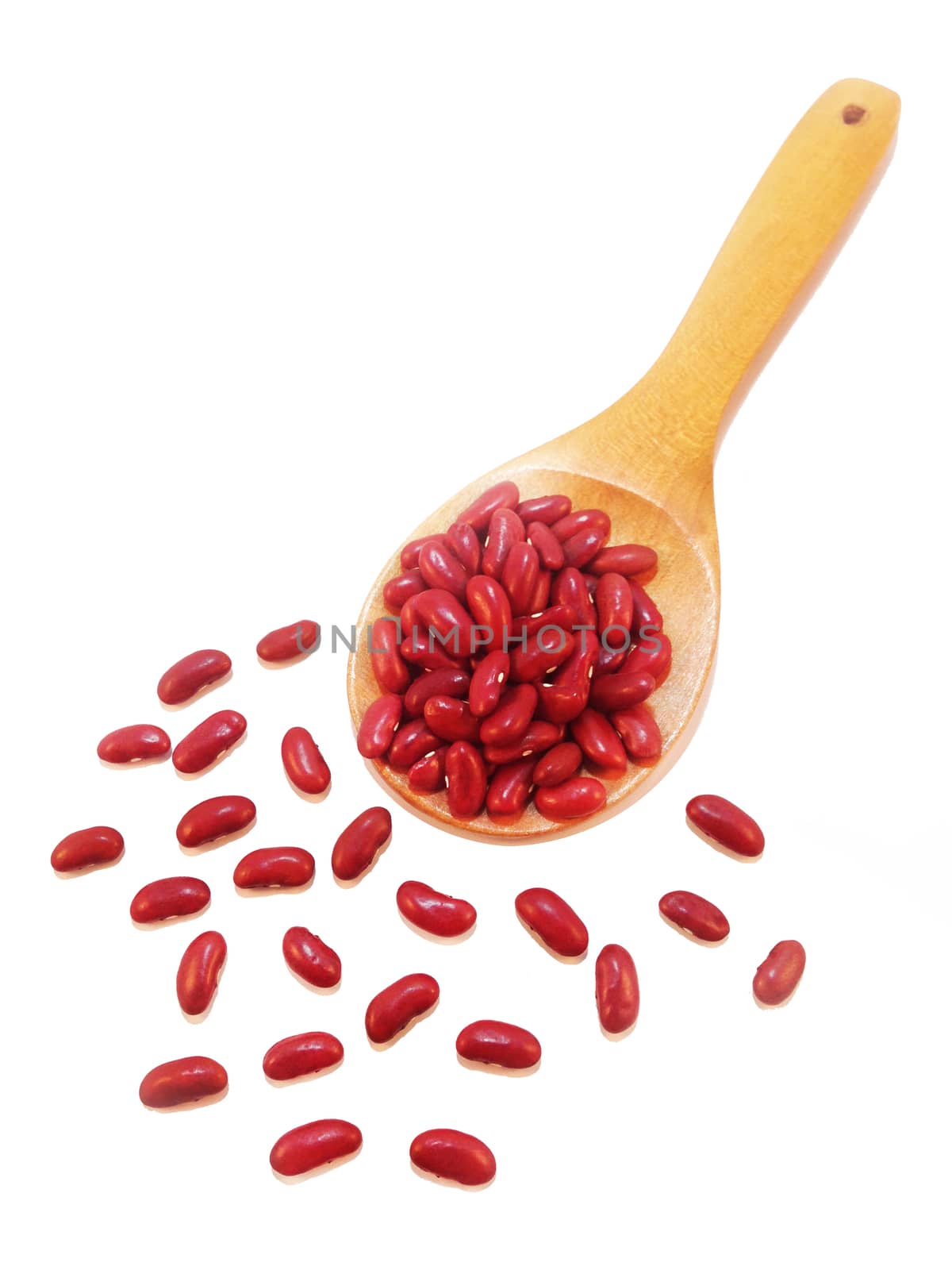 Red Bean on wooden spoon on white background