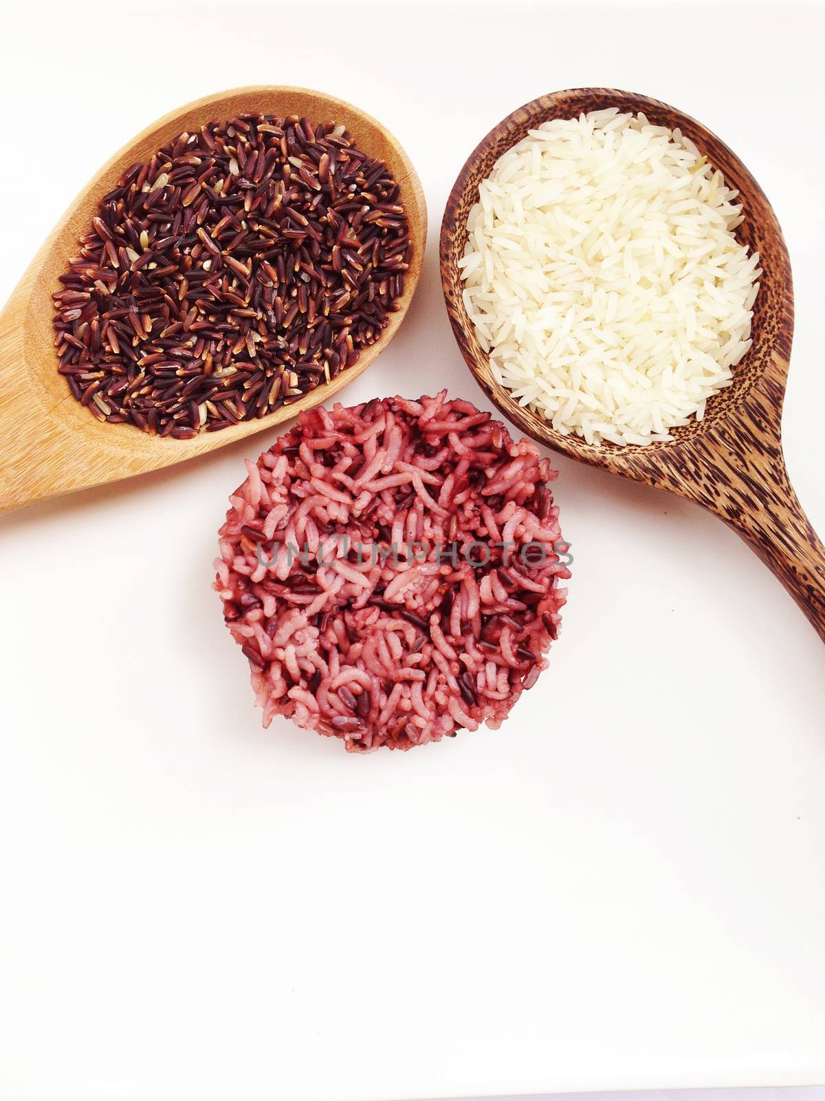 Thai white rice and rice berry mixed white background