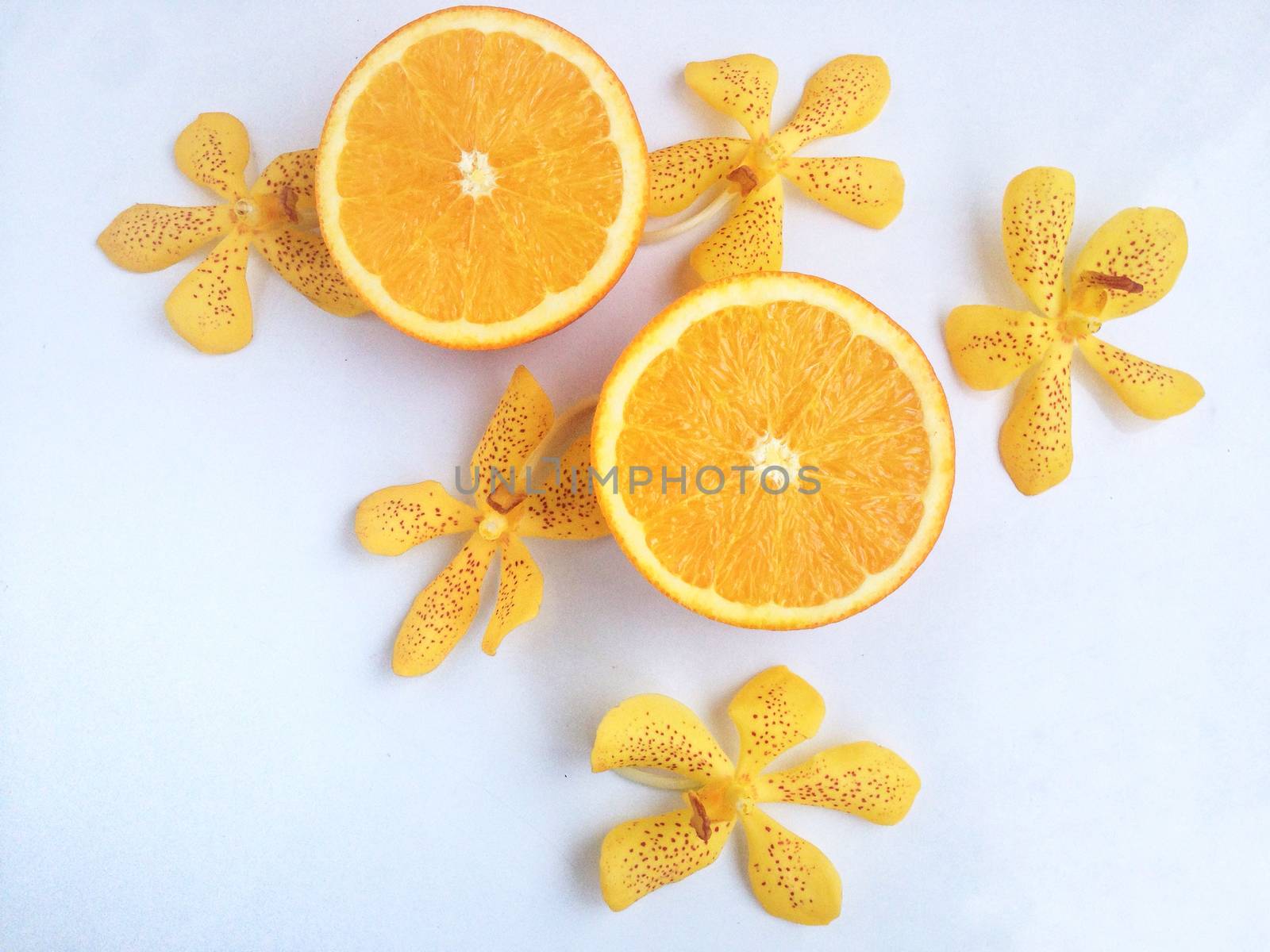 Fresh orange and slices on white background.