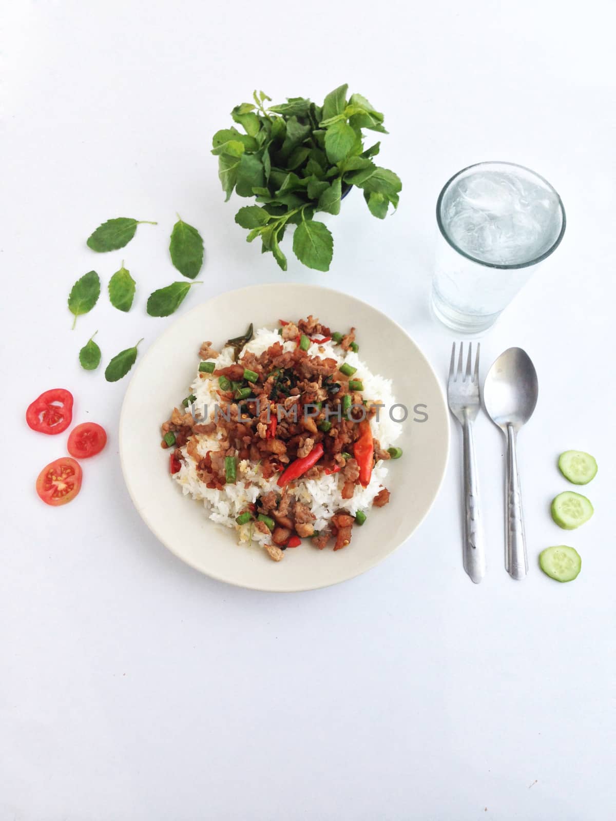 pork with chili & Basil leaves on Steamed rice by Bowonpat