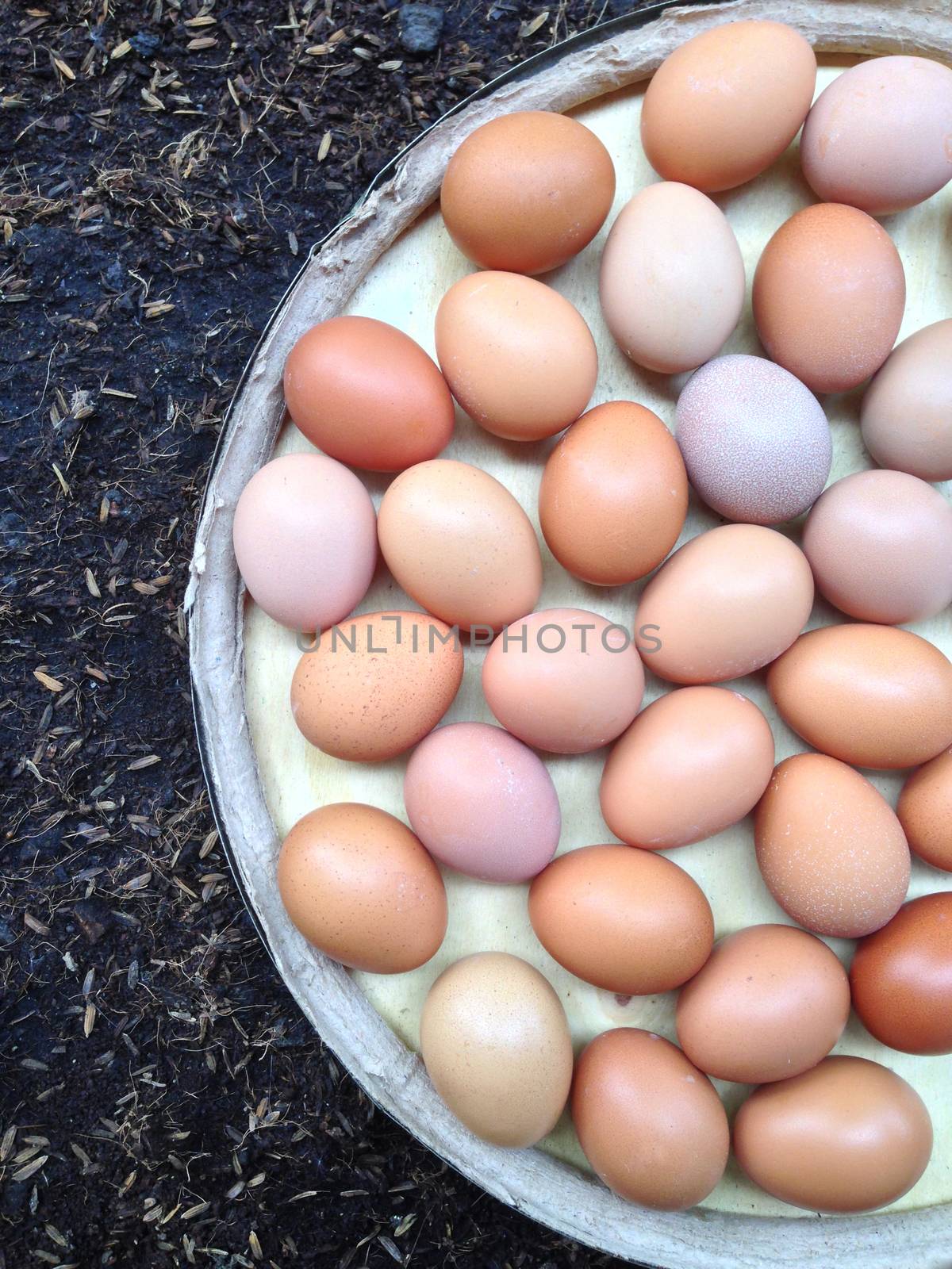 Eggs on wooden plate on black soil