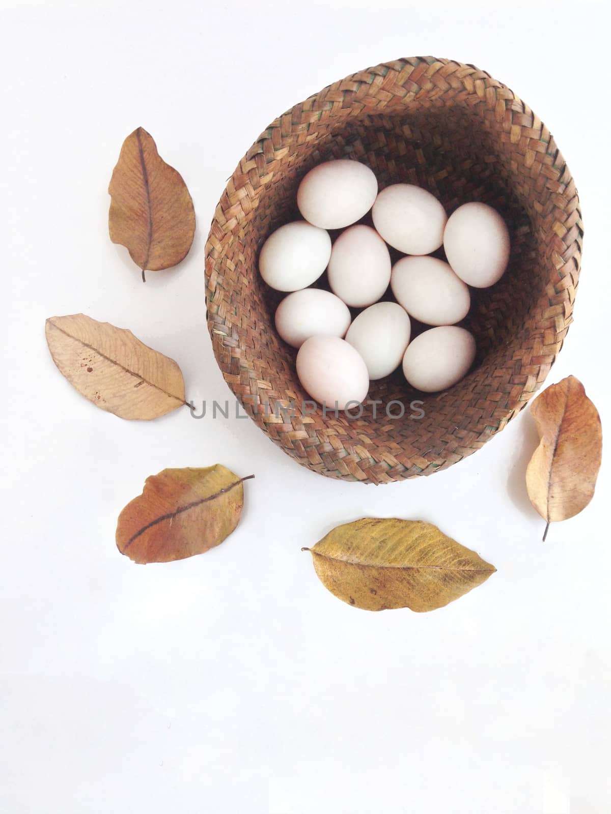 duck egg on bastket with dry leaf by Bowonpat