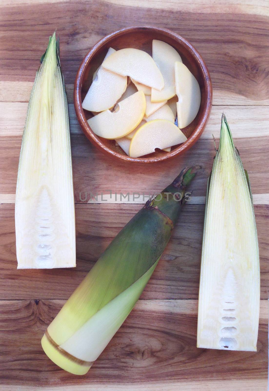Bamboo shoots and Bamboo shoots slices in wooden bowl on wooden background