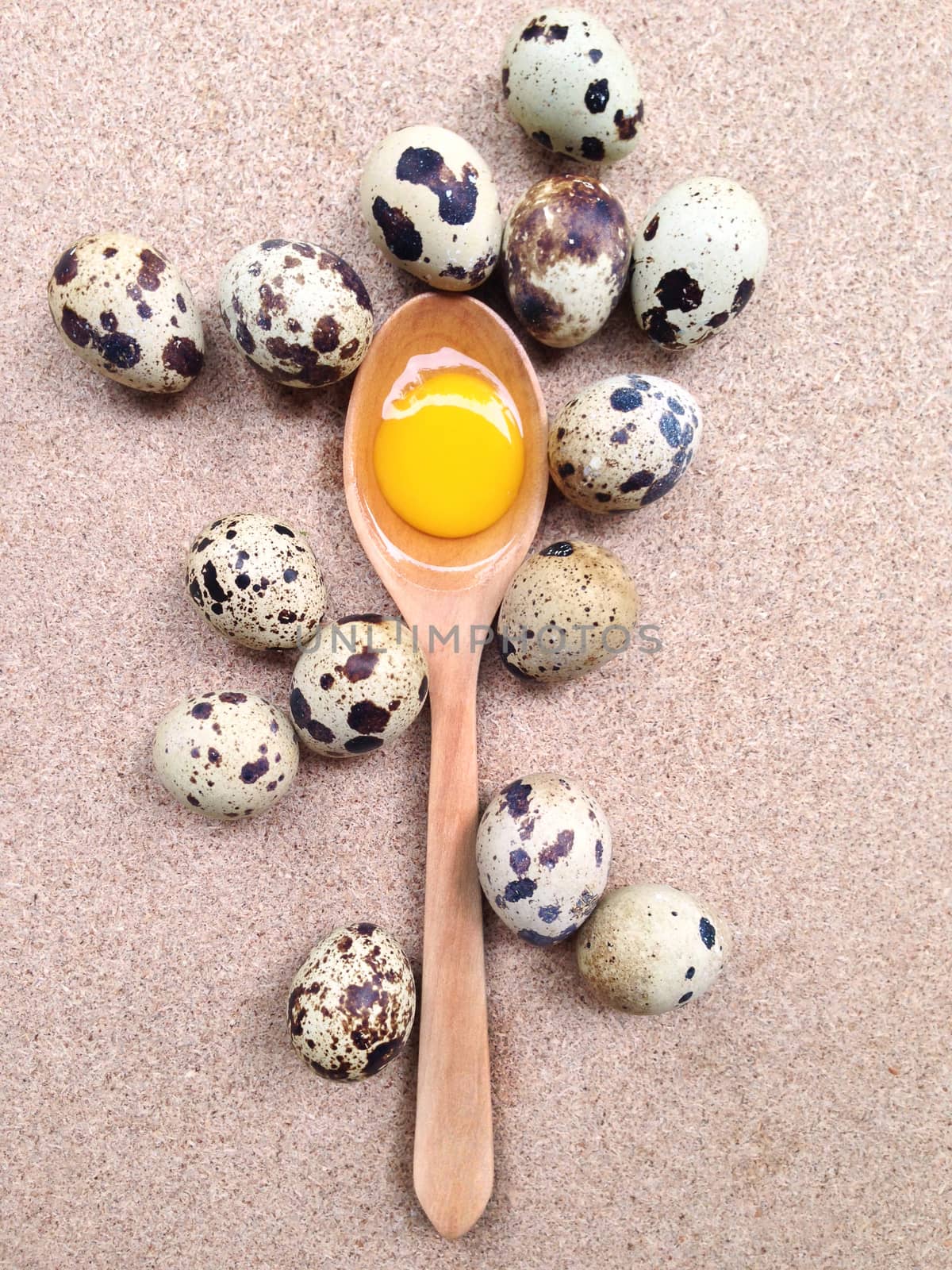 Quail eggs with yolk in wooden spoon on plywood