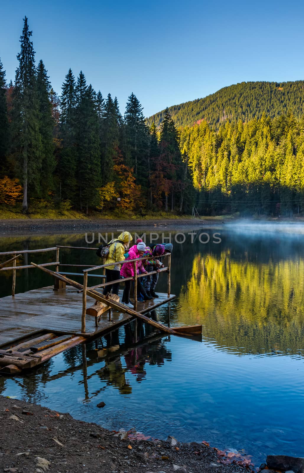 tourists on Synevyr lake feed fish from the raft by Pellinni