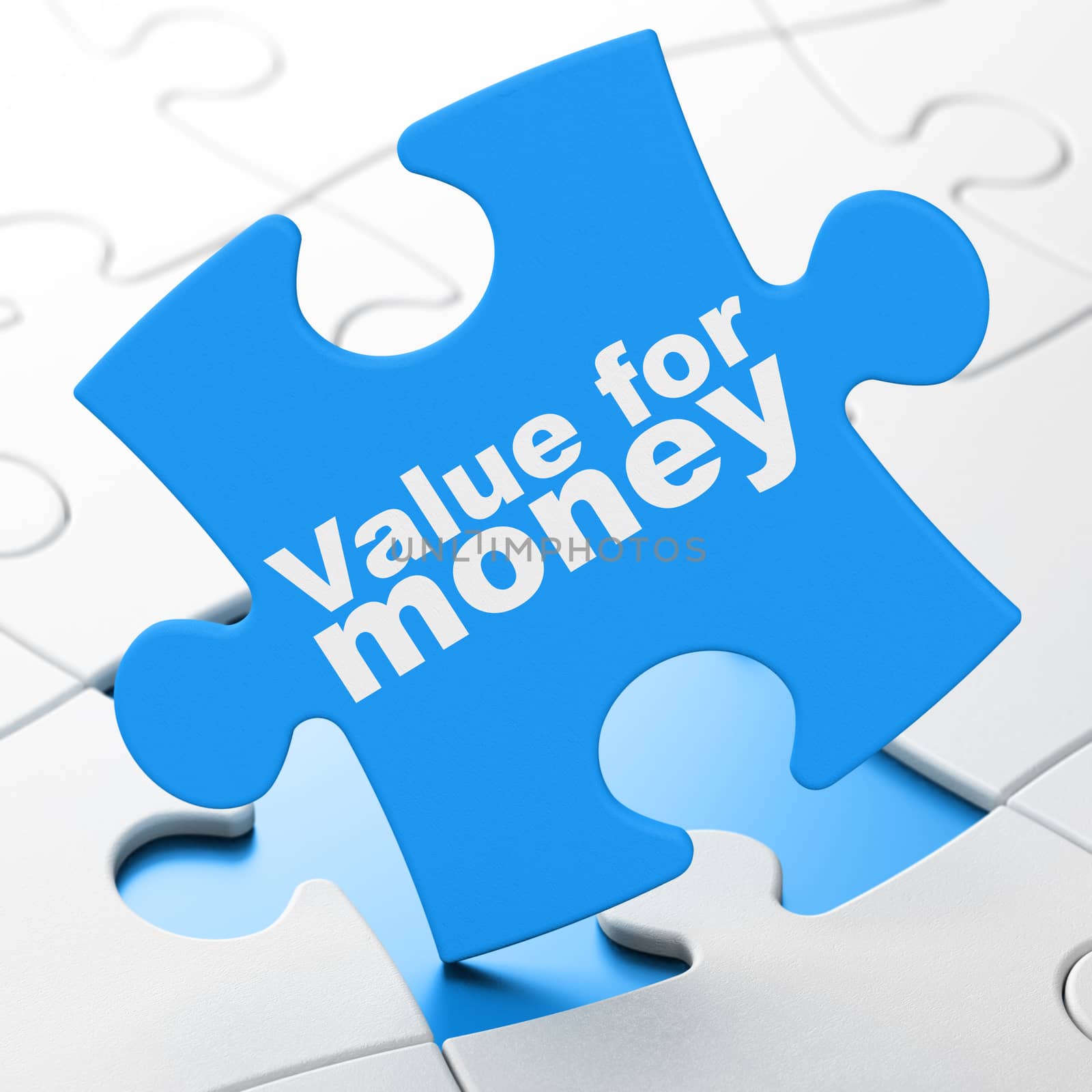 Money concept: Value For Money on Blue puzzle pieces background, 3D rendering