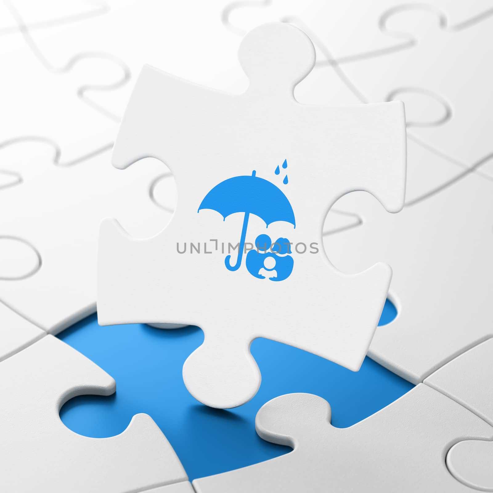 Security concept: Family And Umbrella on White puzzle pieces background, 3D rendering