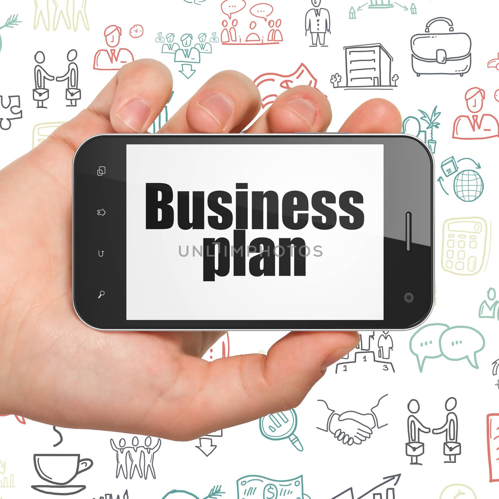 Business concept: Hand Holding Smartphone with  black text Business Plan on display,  Hand Drawn Business Icons background, 3D rendering