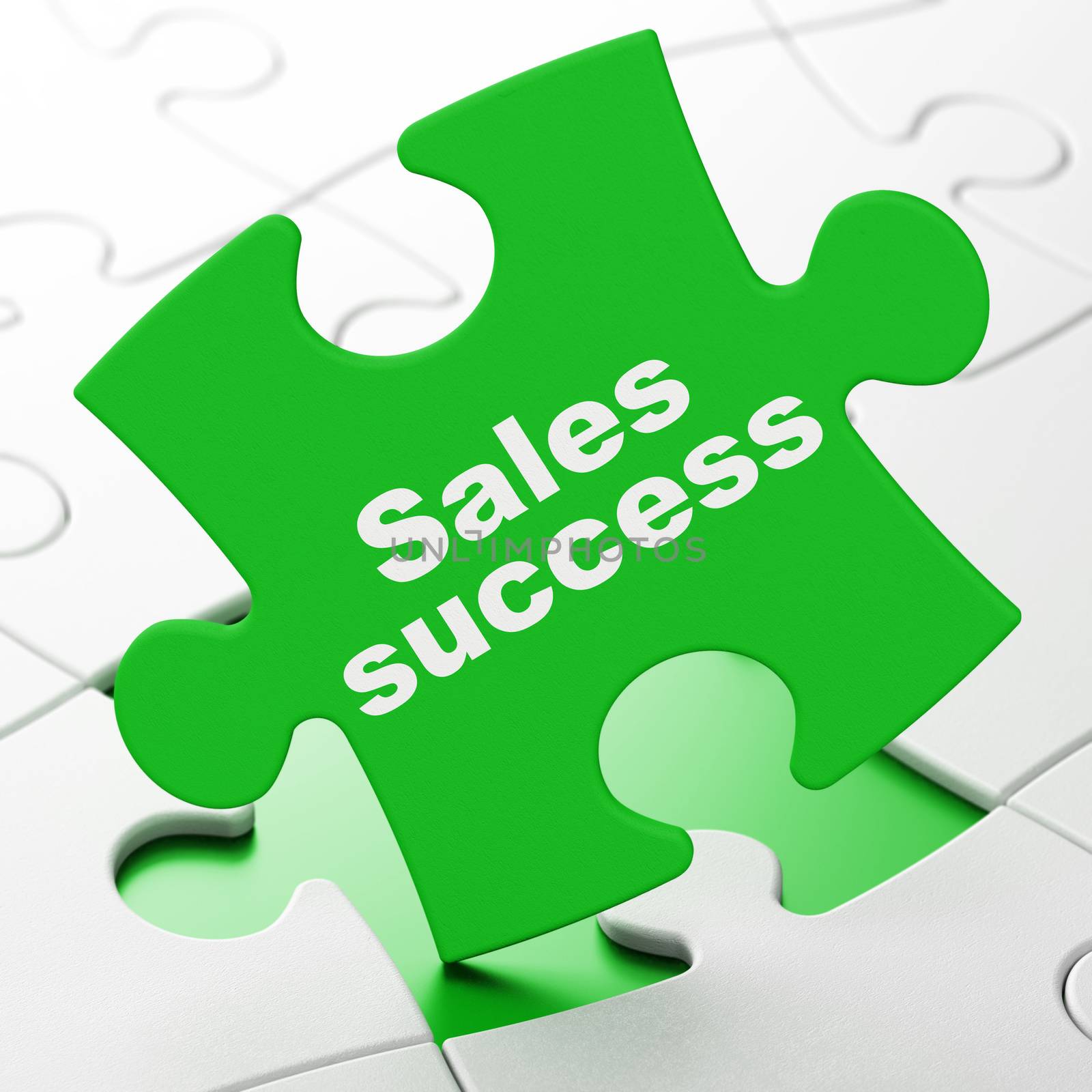 Advertising concept: Sales Success on Green puzzle pieces background, 3D rendering