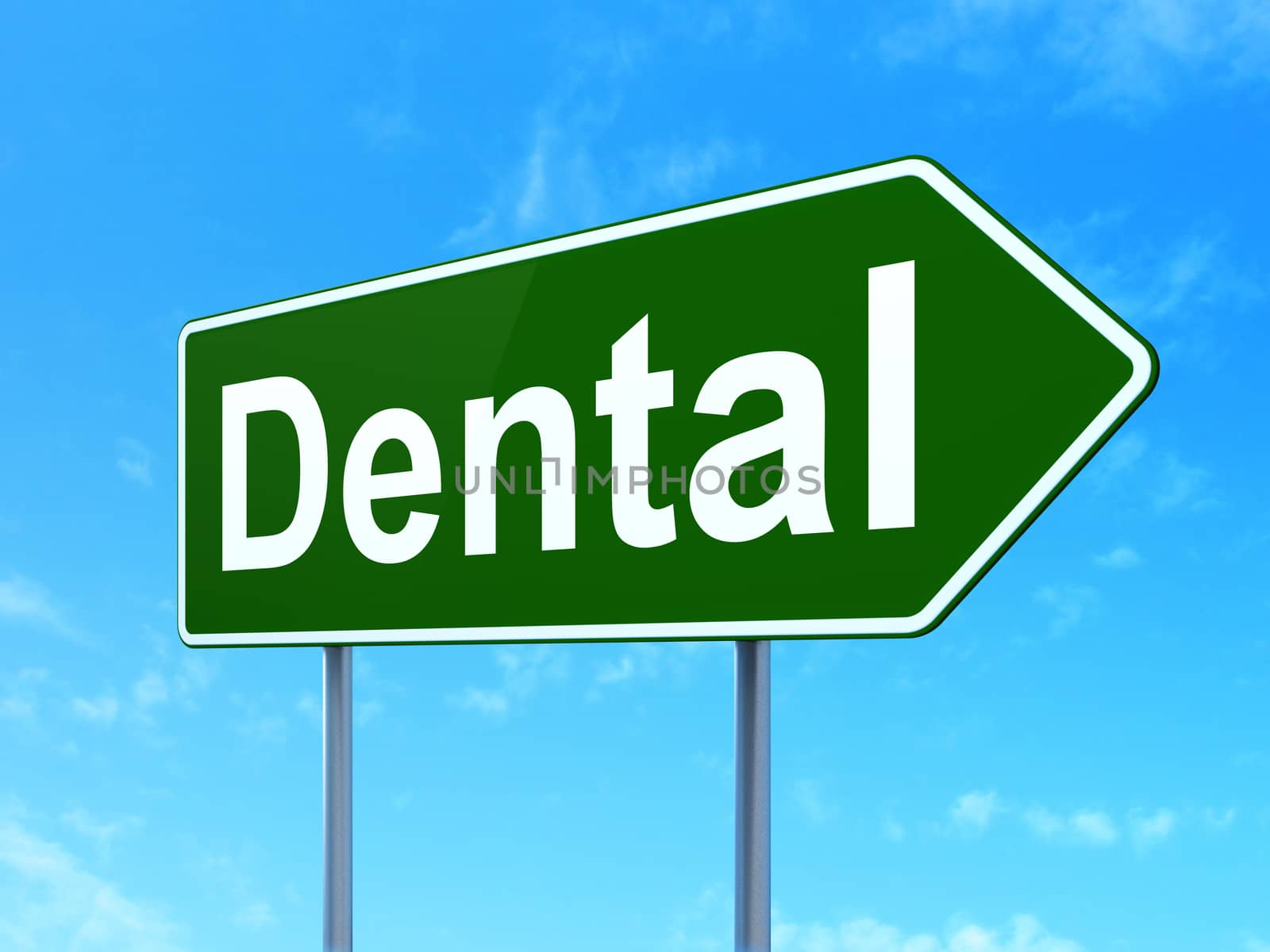 Healthcare concept: Dental on green road highway sign, clear blue sky background, 3D rendering