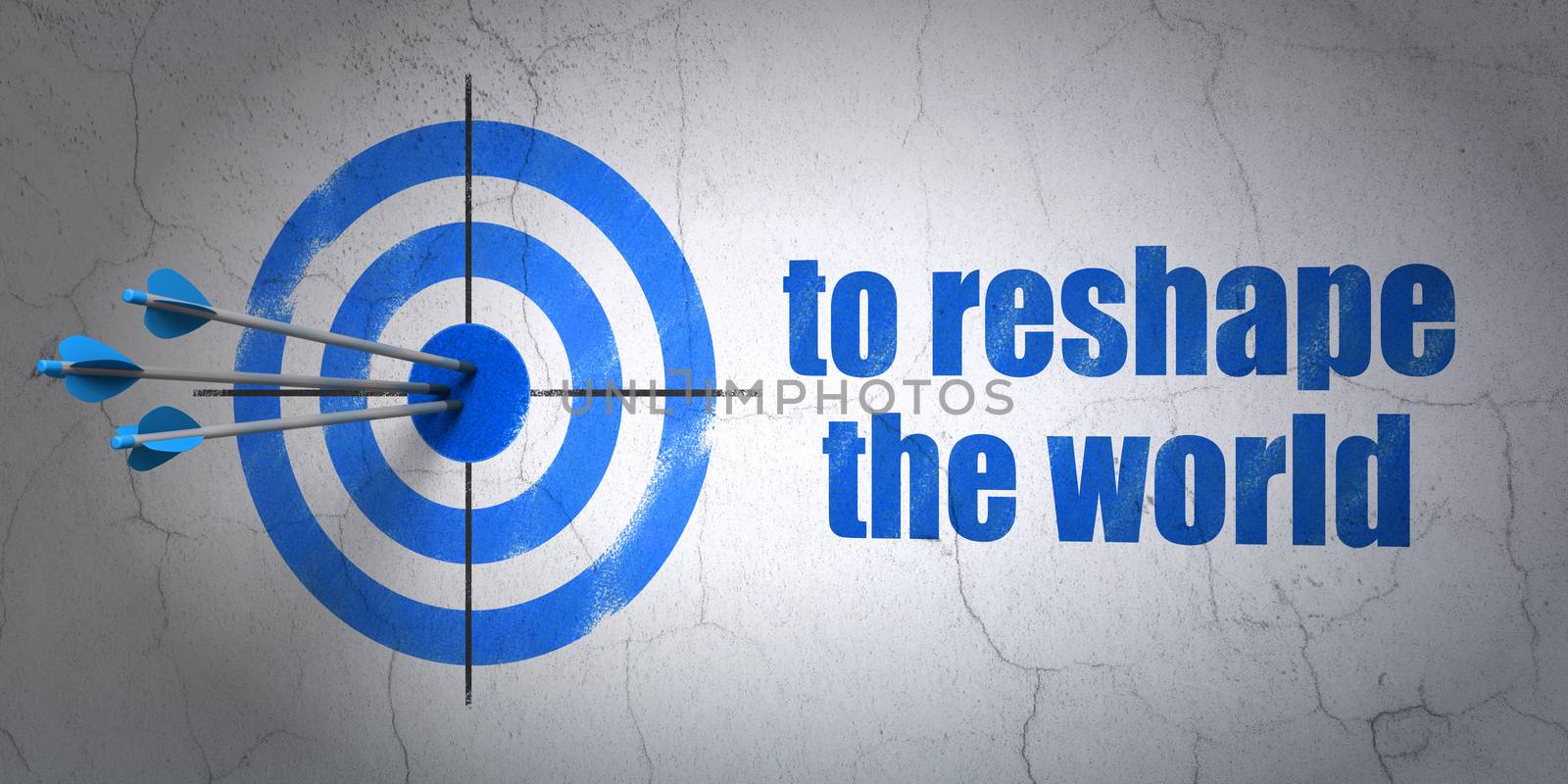 Success politics concept: arrows hitting the center of target, Blue To reshape The world on wall background, 3D rendering