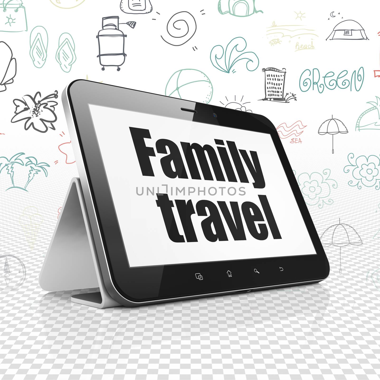 Vacation concept: Tablet Computer with Family Travel on display by maxkabakov