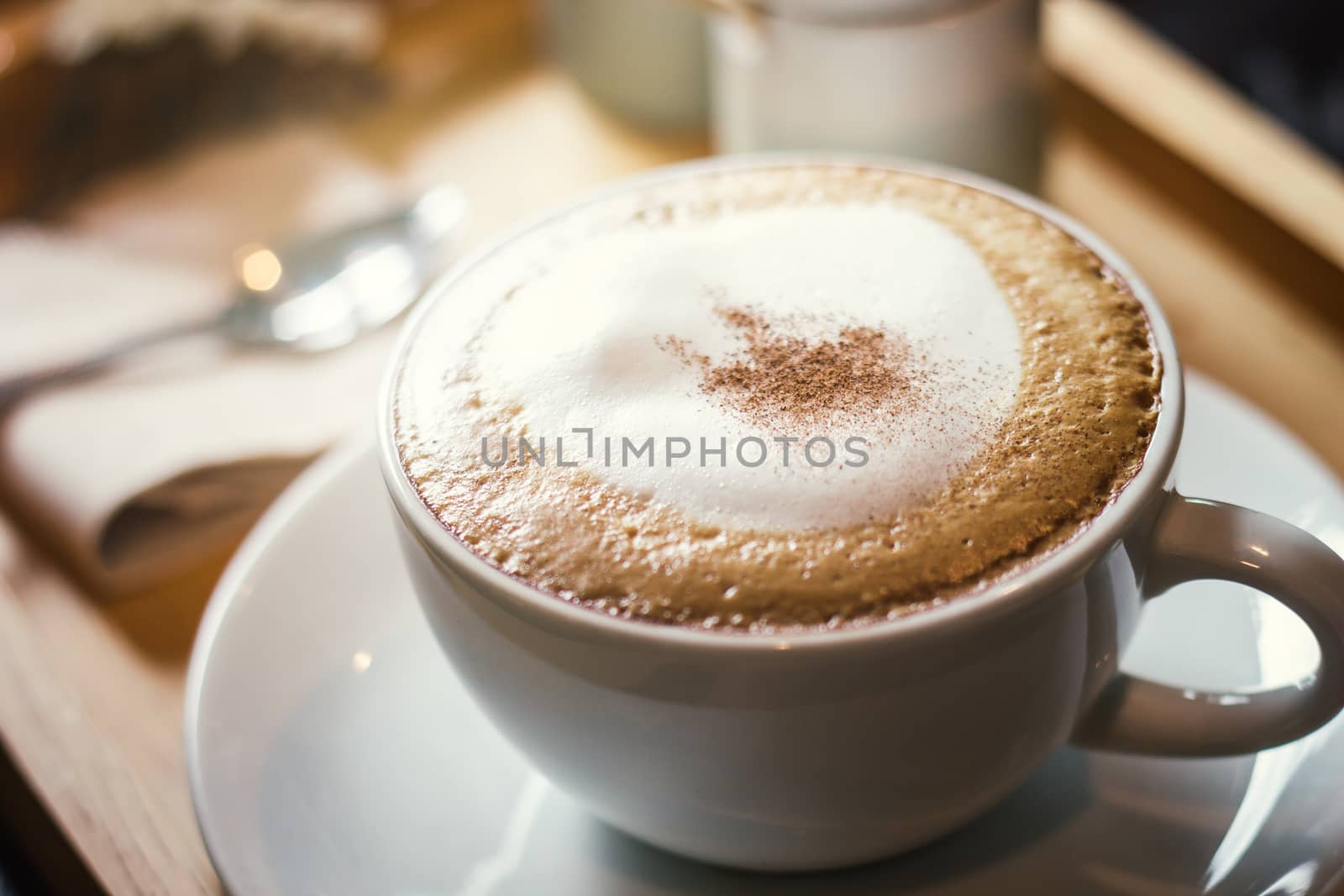 Soft focus on capuccino coffee cup, coffee for background - vint by rakoptonLPN