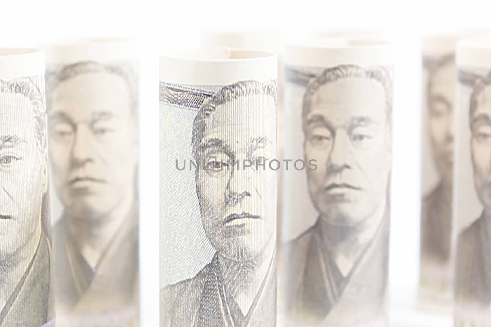 Roll Up Of Money Yen Banknote On Vintage Wooden Background, Business And Finance Concepts, Banknotes Stacked On Each Other In Different Positions