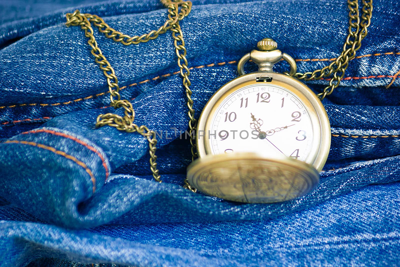 Image Of Blue Jeans Denim Texture And Vintage Pocket Watch by rakoptonLPN