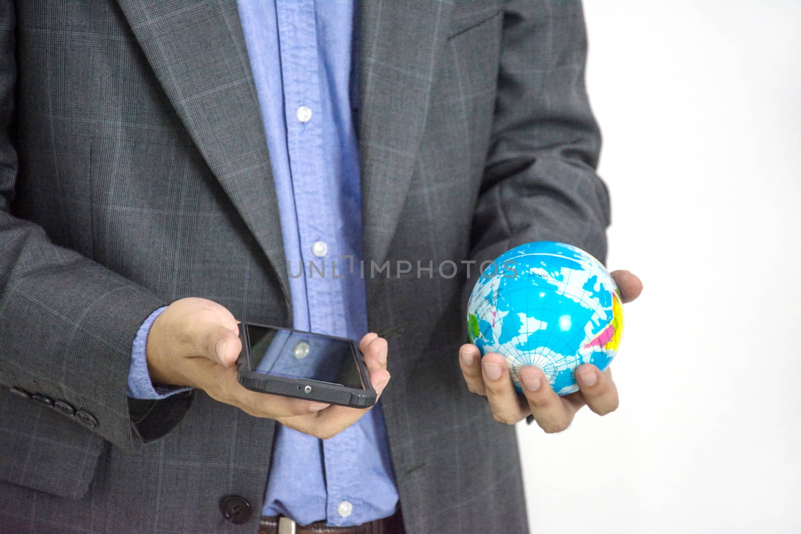 Business man wiht earth globe  and moblie phone isolate on white by yaryhee