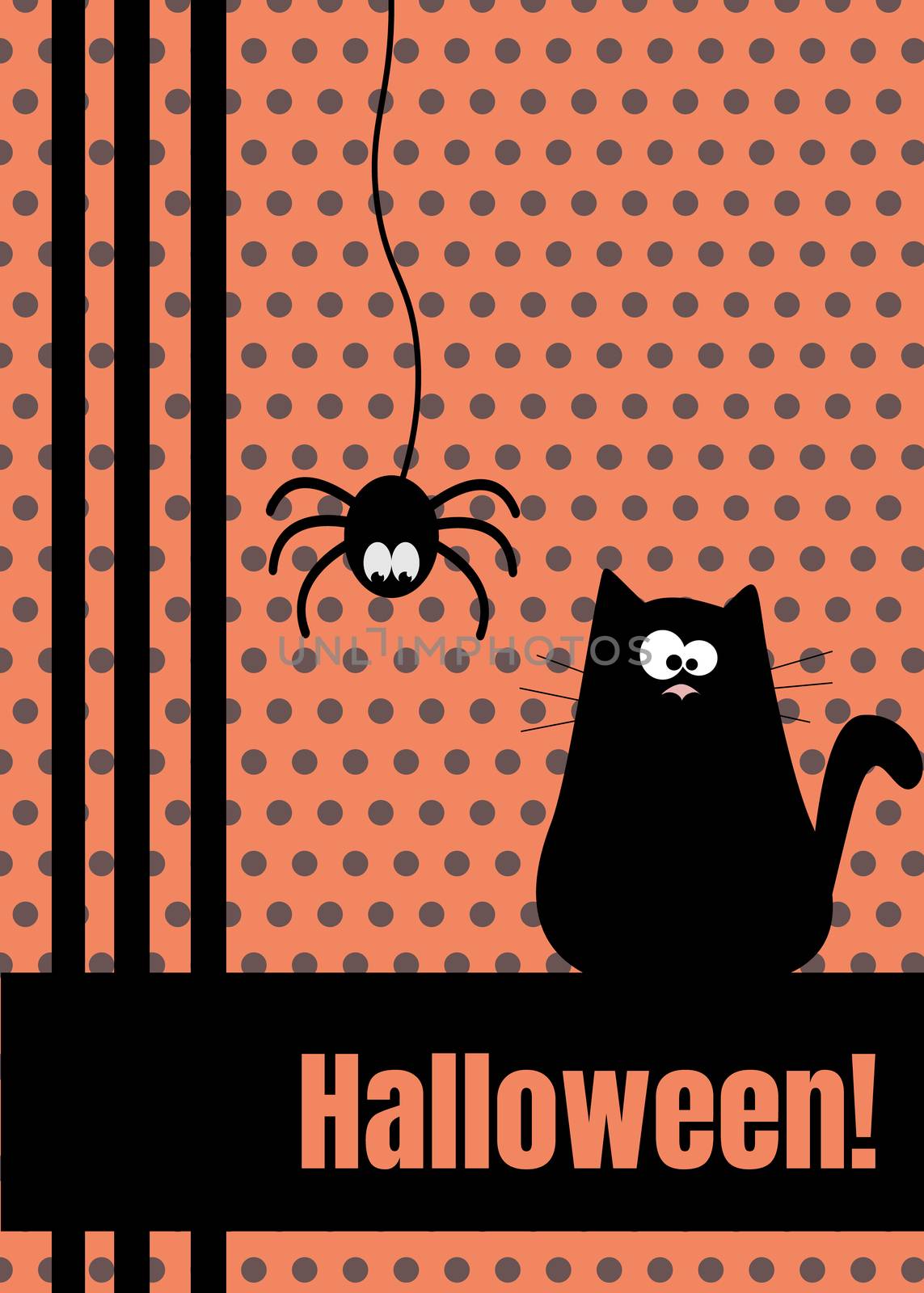 Happy Halloween greeting card with hanging on dash line web spider insect and black funny cat. Cute cartoon character. Flat design Orange polka dot background.