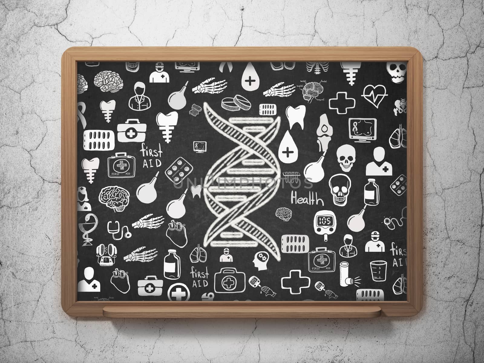 Health concept: Chalk White DNA icon on School board background with  Hand Drawn Medicine Icons, 3D Rendering