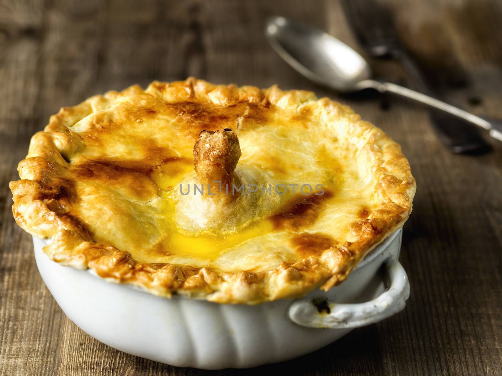 close up of golden rustic english chicken pie