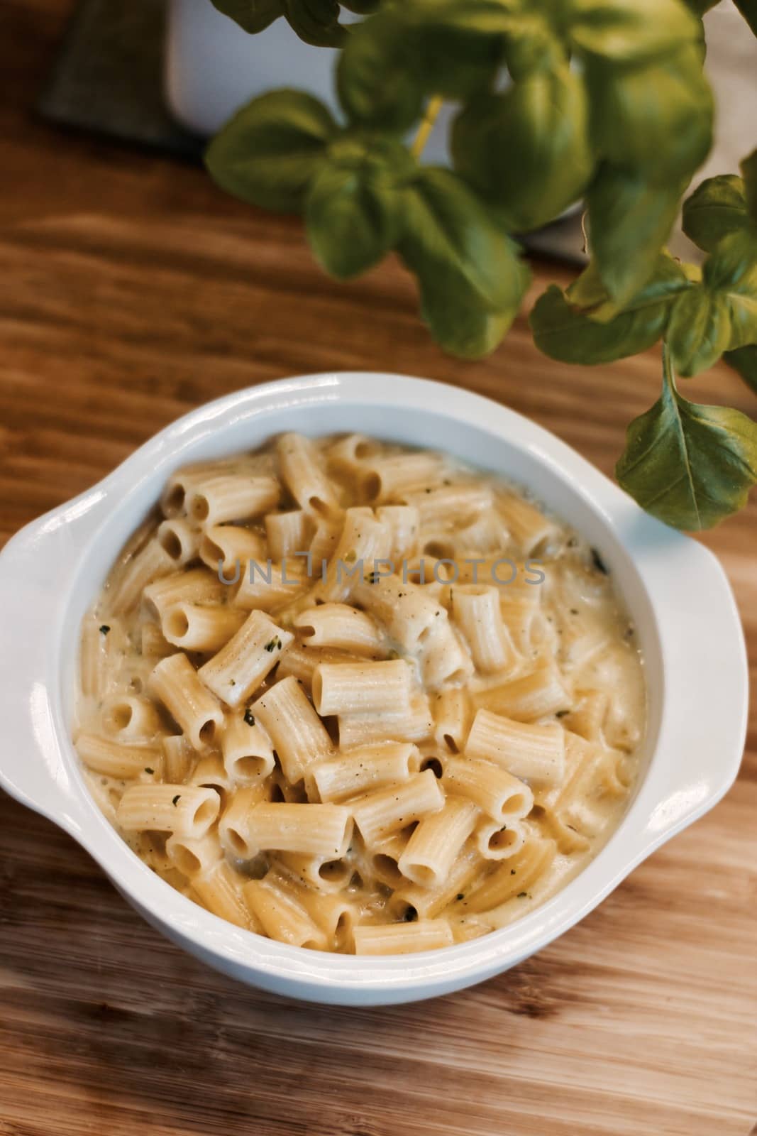 Delicious and fresh pasta on white plate on wooden board in the kitchen. Cooking concept.