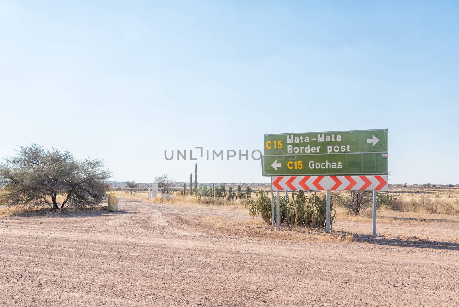 The directional signboard at the junction between the C15 and C17-roads in the south-eastern part of Namibia