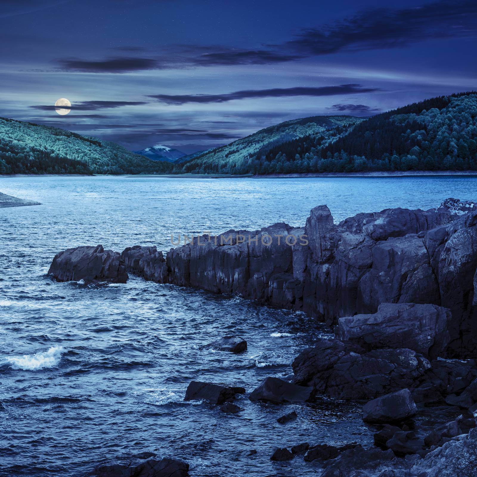 mountain lake with rocky shore at night by Pellinni
