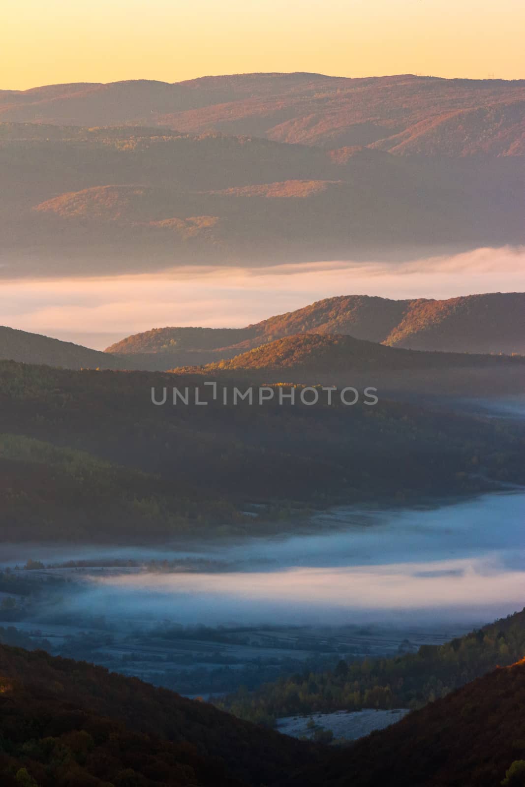 cold fog on hot sunrise in mountains by Pellinni