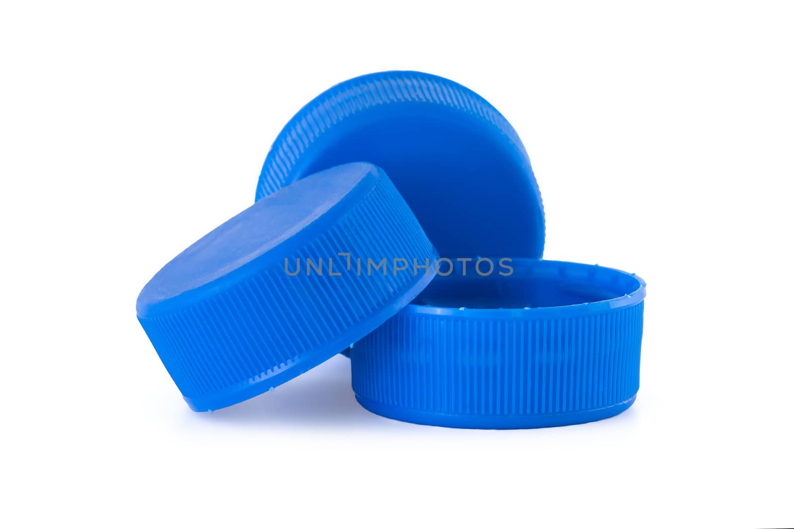 Three blue plastic bottle caps by Gbuglok