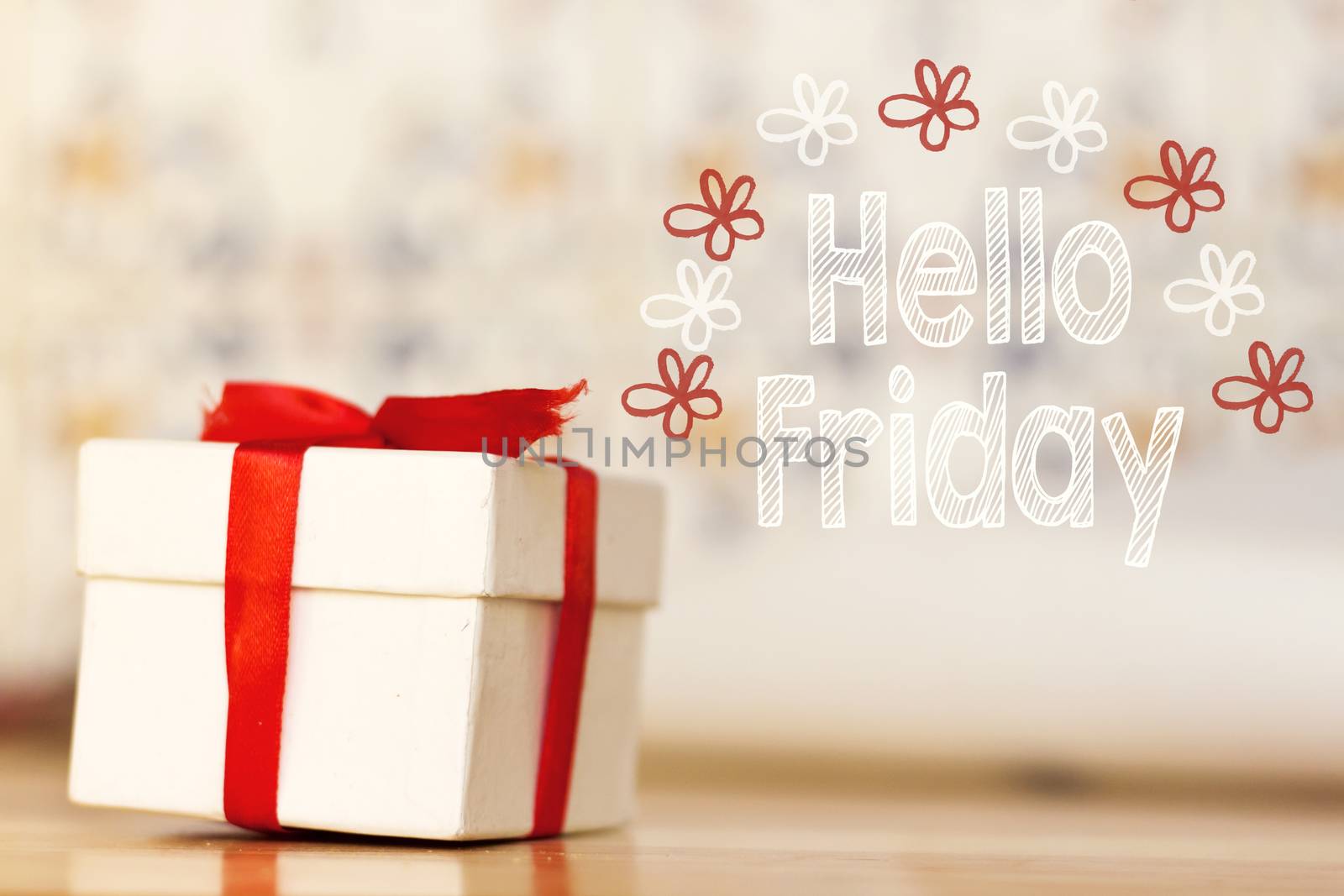 hello friday message with white gift box with red ribbon on wood background
