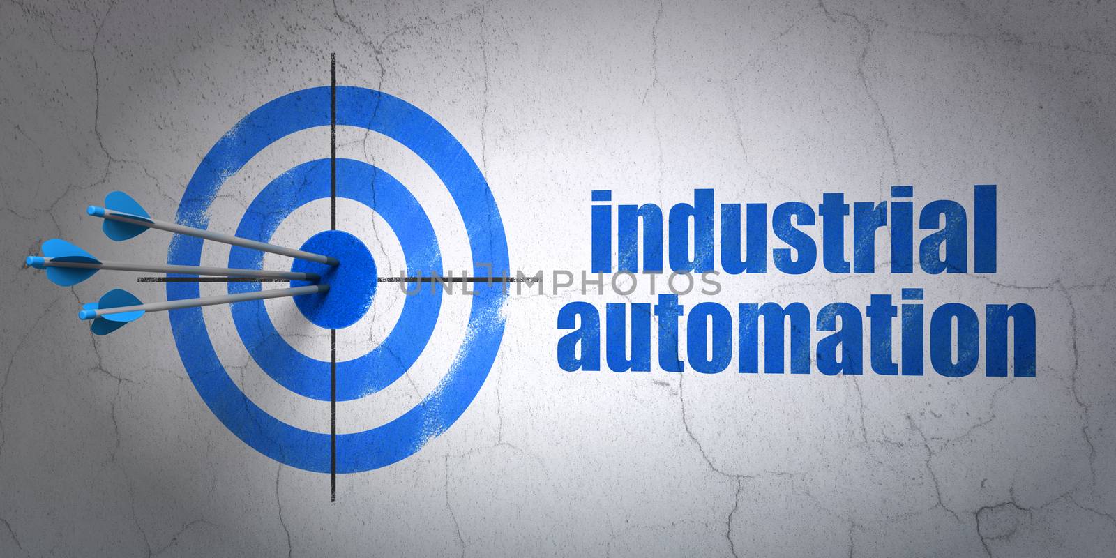 Success Industry concept: arrows hitting the center of target, Blue Industrial Automation on wall background, 3D rendering