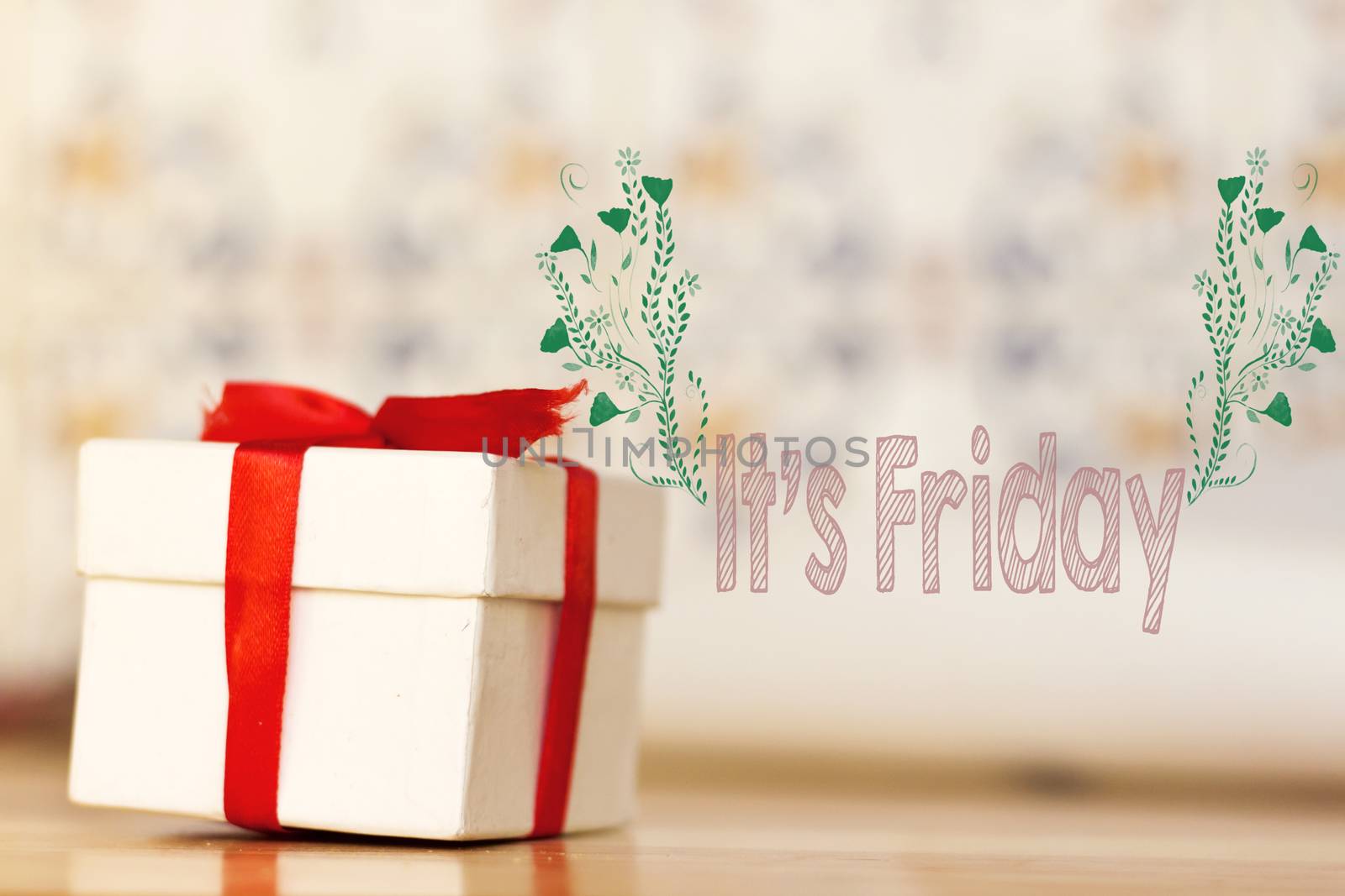 its friday message with white gift box with red ribbon on wood background
