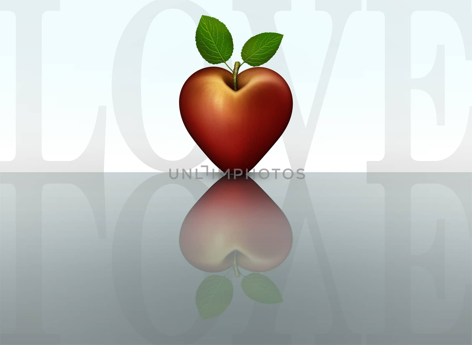 3D illustration of a red heart shaped apple and the word Love mirrored on a reflective table top.